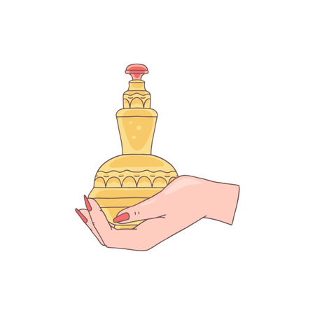 Vector illustration with a hand holding a vintage glass perfume bottle on a white backgroundのイラスト素材