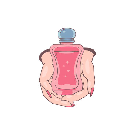 Elegance perfume pink glass bottle with blue cap in female hands, beautiful cologne vial, vector fragrant cosmetic flaskのイラスト素材