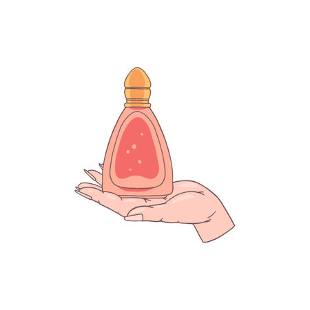 Elegance perfume red glass bottle with cap in hand, beautiful cologne vial, vector fragrant cosmetic flask on the palmのイラスト素材
