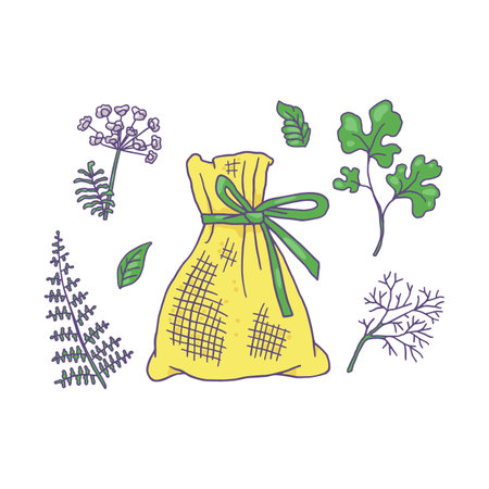 Perfume sachet or small bag, fennel dill, parsley cilantro plant leaves vector icons set, natural seasoning fragranceのイラスト素材