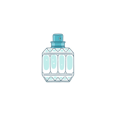 Elegance perfume glass bottle with blue aroma liquid and spray cap, perfume cologne vial, vector male fragrant cosmeticのイラスト素材