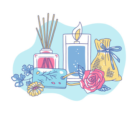 Vector illustration of spa accessories with candle, diffuser, aroma sachet, with flowers and tag.のイラスト素材