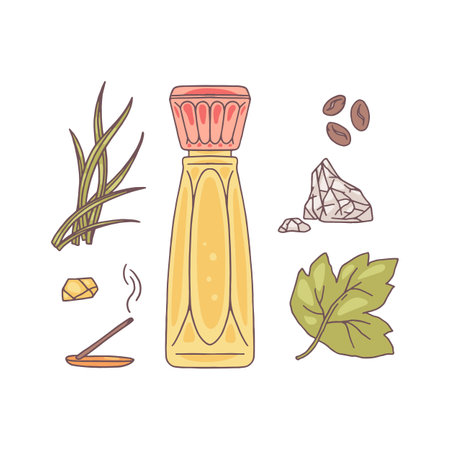 Perfume glass bottle, aroma stick, coffee beans, herbal leaves, minerals vector flat icons set, natural fragrance notesのイラスト素材