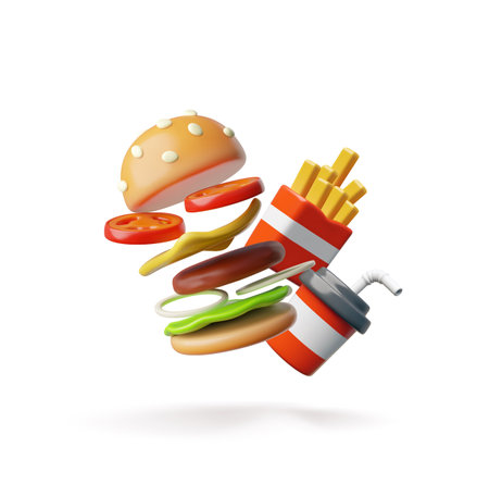 Realistic jumping Hamburger, French fries potatoes and soda 3D cartoon plastic style vector icon, fast food takeawayのイラスト素材