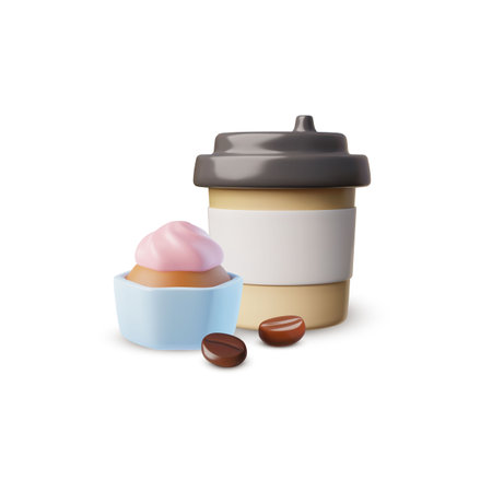 Takeaway Coffee or tea, Coffee to go with cupcake and coffee beans 3D cartoon plastic vector icon, hot beverage, bakeryのイラスト素材