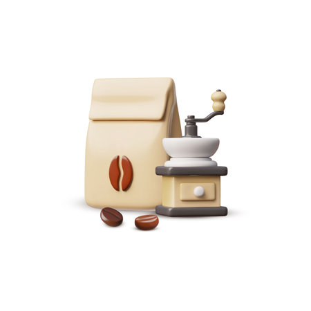 Vector 3d illustration with the image of a coffee grinder with a paper bag and coffee beans.のイラスト素材