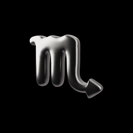 3D Scorpio zodiac sign glossy chrome effect, metal alloy horoscope symbol vector volume silver...