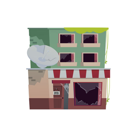 Illustration of abandoned old two-story building with broken windows and overgrown with grass.のイラスト素材