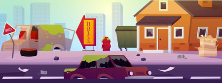 Vector images of abandoned city with destroyed buildings, garbage, cars covered with green radioactive waste.のイラスト素材