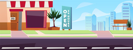 Vector illustration of a city deserted street with a shop, signboard, bench and road.のイラスト素材