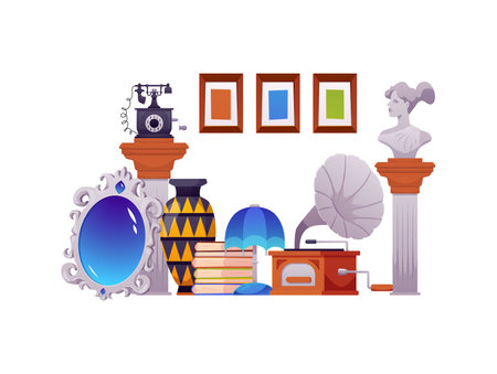 Vector illustration of Old things for sale in antique shop.のイラスト素材