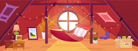 Cozy wooden attic with hammock, garland and window in roof, vector cartoon interior of mansard garret loungeのイラスト素材