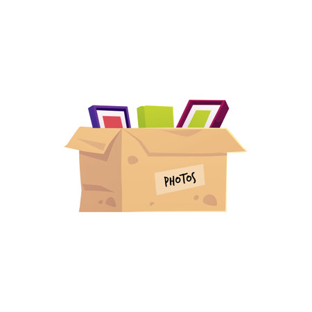 Vector illustration of cardboard box with photo frames inside and "photos" inscription.のイラスト素材