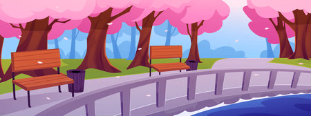 Vector illustration with blooming Japanese sakura creates a landscape with pink petals in the air.のイラスト素材