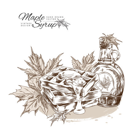Bottle of maple syrup, waffles and maple leaves, engraved hand drawn vintage vector design, bakery with sweet toppingのイラスト素材