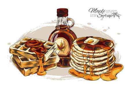 Bottle of syrup with maple leaf label, waffles and pancakes, hand drawn vector design, bakery with sweet topping sketchのイラスト素材