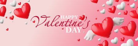 3d illustration of a banner with inflated shapes of red and white hearts on a pink background.のイラスト素材