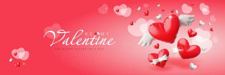 3d illustration of banner with hearts, inflatable and bokeh on red background, Valentines Day.のイラスト素材