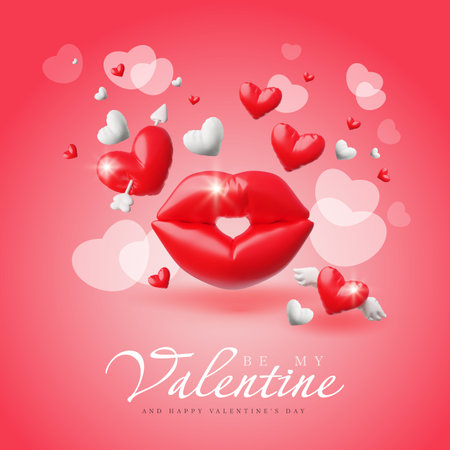Valentines Day 3D Poster Illustration with inflatable design, red lips and hearts.のイラスト素材