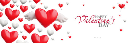 3D Valentines Day horizontal banner with inflatable white and red hearts shapes.のイラスト素材