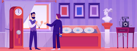 Vector illustration of an elegant antique shop with antique necklace, watches, sculptures, paintingsのイラスト素材