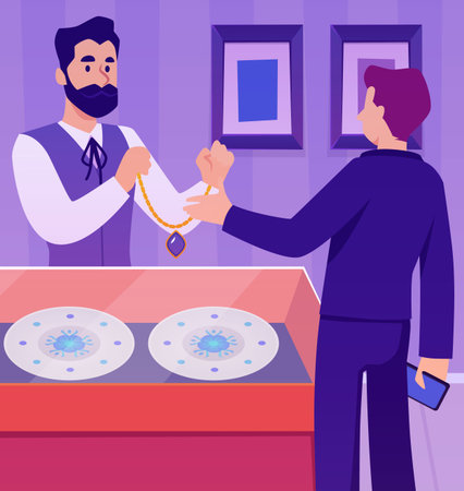 Vector of character buying necklace in antique shop.のイラスト素材