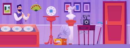 Antique shop, rarity store interior vector flat illustration, consultant with retro jewelry, pawnshop with vintage goodsのイラスト素材