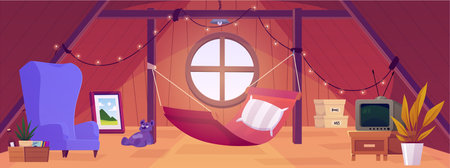 Vector illustration of an old attic with a round window and furniture.のイラスト素材