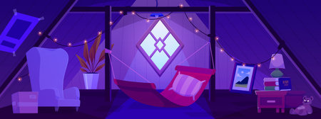 Cozy wooden attic with hammock, glowing garland and window at night, vector cartoon interior of mansard garret loungeのイラスト素材