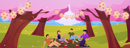 Illustration of a park with cherry blossoms, meadow and people on a picnic.のイラスト素材