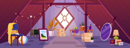 Vector illustration of an old attic with worn, antique furniture and objects.のイラスト素材