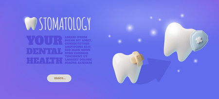 3d illustration of banner with tooth with bandage and after treatment with protective shield.のイラスト素材