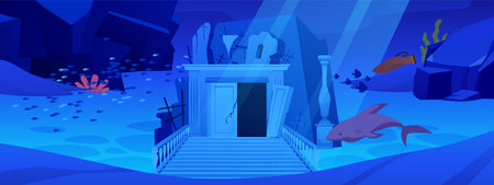 Sunken ancient city, stairway entrance to ruined building, castle or palace, vector underwater stone ruins, antique vaseのイラスト素材