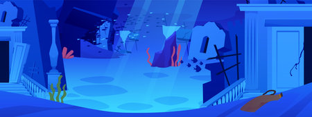 Sunken ancient city, sunlight, vector cartoon underwater sea ocean landscape with stone ruins, antique building entranceのイラスト素材