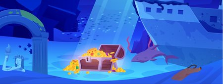 Sunken ancient city with treasure chest vector illustration, cartoon underwater sea ocean landscape wreck ship, ruinsのイラスト素材