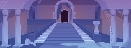 A vector image of a ruined ballroom with crumbling arches, cracked walls and cobwebsのイラスト素材