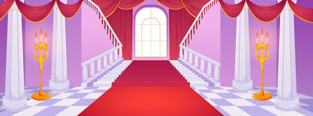Vector image of palace interior with a large ballroom, red carpet and curtains, burning candlesticks,のイラスト素材