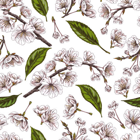 Cherry flowers on a branch, green leaves. Seamless pattern.のイラスト素材