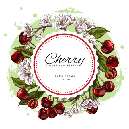 Cherry berries, leaves and flowers sketch round label design lettering, vector hand drawn red fruit, juicy farm harvestのイラスト素材