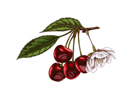 Cherry branch with red berries, leaves and flower sketch, vector hand drawn ripe fruit, summer...
