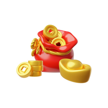 Vector 3d illustration of Asian wealth symbols: red pouch, coins and gold ingot.のイラスト素材
