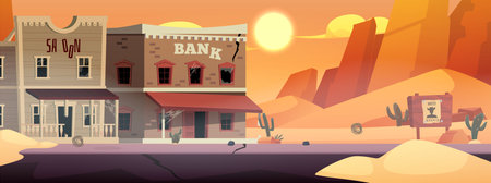 Old western town vector flat illustration, abandoned and destroyed Bank and saloon buildings from wild west desertのイラスト素材
