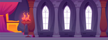 Vector interior of the castle with a throne, torches and curtains and ancient architecture.のイラスト素材