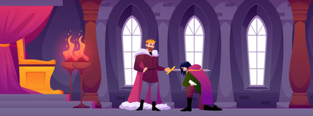 Throne room with king placed the sword on the shoulder of kneeling warrior, knighting, vector flat medieval kingdomのイラスト素材