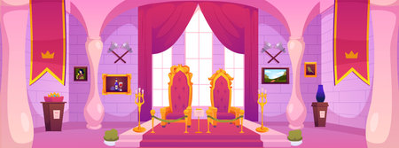 Vector interior of the castle with two thrones on a pedestal, tapestries and candlesticksのイラスト素材