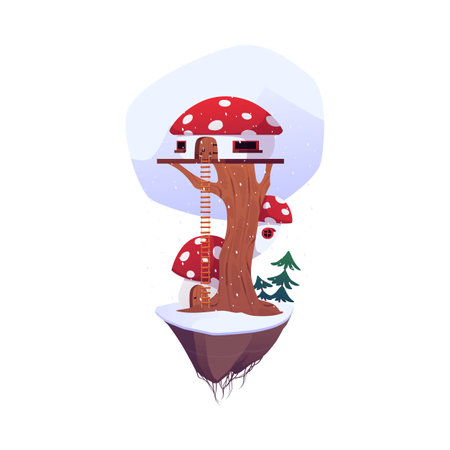 Game island with hut, vector cartoon cute winter fairy tale village house with stairs, fly agaric roof on the tree trunkのイラスト素材