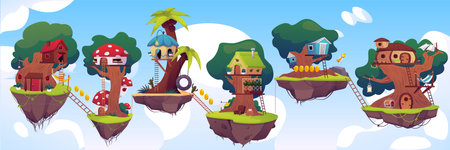 Game level platforms, islands with huts on the tree trunk and awards floating in the sky, vector flat fairy tale villageのイラスト素材