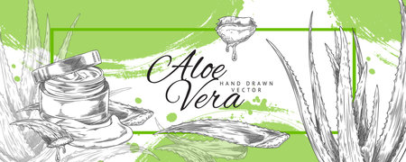 Vector horizontal poster with a jar of gel with the healing plant aloe veraのイラスト素材