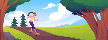 Vector illustration of a girl riding a skateboard on the road in a green parkのイラスト素材