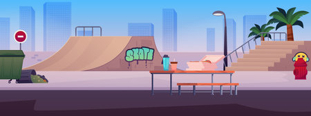 Vector graphics of a skatepark with ramps, benches, trash cans and palm trees.のイラスト素材